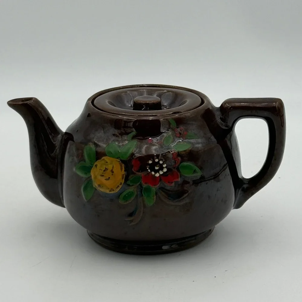 Vintage Made in Japan Brown Glazed Ceramic Floral Teapot Hand Painted 4.5 Inch
